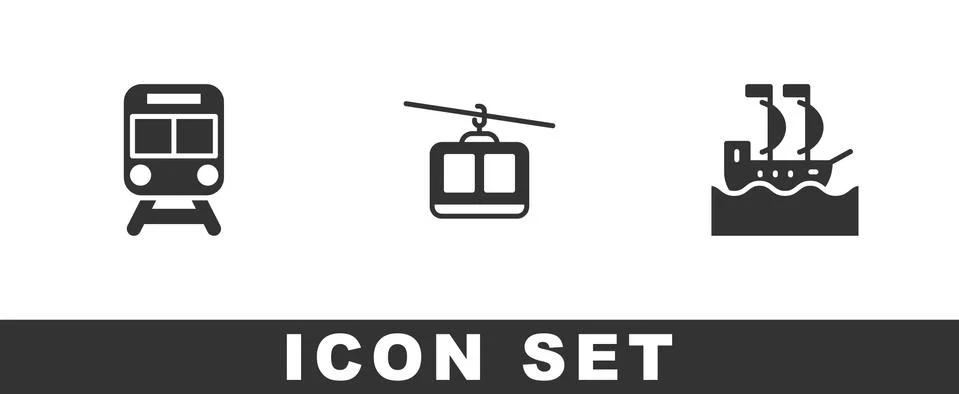 Set Train and railway, Cable car and Sailboat icon. Vector Stock Illustration