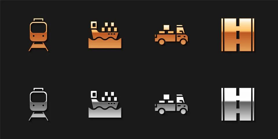 Set Train and railway, Cargo ship with boxes, Delivery truck and Road icon 스톡 일러스트