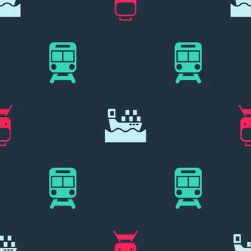 Set Train and railway, Cargo ship with boxes and on seamless pattern. Vector イラスト素材