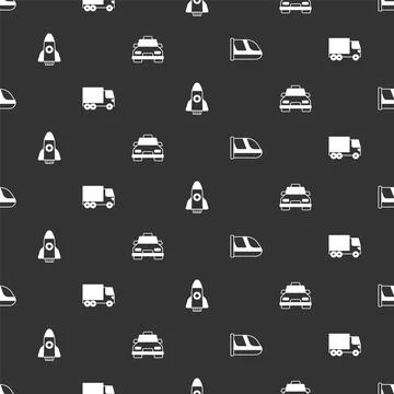 Set Train and railway, Delivery cargo truck, Rocket ship and Taxi on seamless Stock Illustration