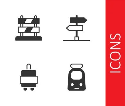 Set Train and railway, End of tracks, Suitcase and Road traffic sign icon Illustration