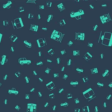 Set Train and railway, Pickup truck, Off road car and Cable on seamless pattern Stock Illustration