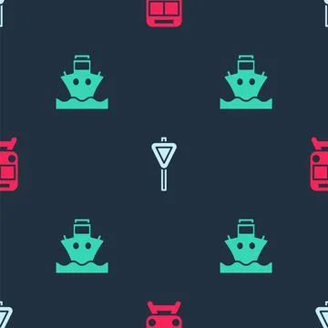 Set Train and railway, Road traffic signpost and Cargo ship on seamless pattern Stock Illustration