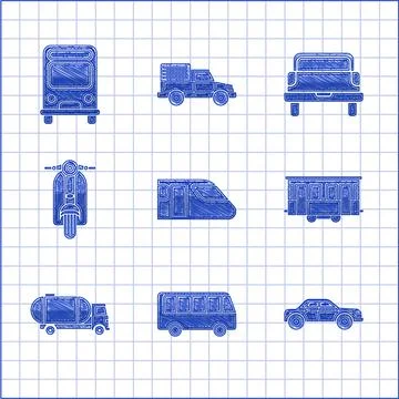 Set Train, Bus, Sedan car, Old city tram, Tanker truck, Scooter, Pickup and icon Stock Illustration