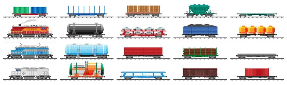Set of train cargo wagons, cisterns, tanks, cars Stock Illustration