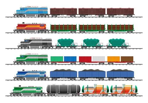 Set of train cargo wagons, cisterns, tanks, cars Stock Illustration