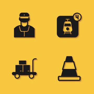 Set Train conductor, Traffic cone, Trolley suitcase and Online ticket booking Illustration