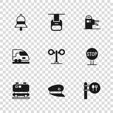 Set Train driver hat, Stop sign, Cafe and restaurant location, traffic ligh.. Stock Illustration