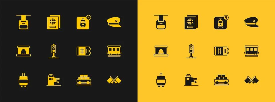 Set Train driver hat, Turnstile, ticket, Cargo train wagon, traffic light, .. イラスト素材