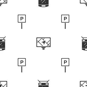Set Train, Gps device with map and Parking on seamless pattern. Vector イラスト素材