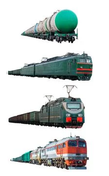 Set of train locomotives freight train isolated on white background. Stock Photos