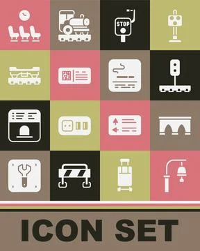 Set Train station bell, Bridge for train, traffic light, Emergency brake, QR Stock-Illustration