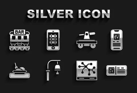 Set Train station bell, E-ticket train, QR code, Railway map, Plate with food Illustrazione stock