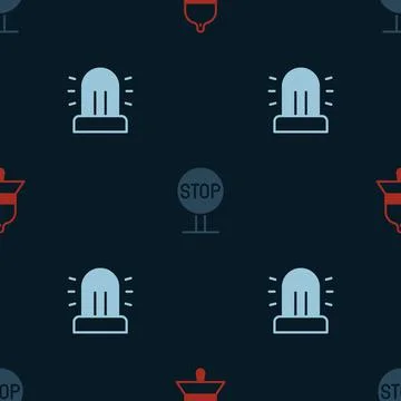 Set Train station bell, Stop sign and Flasher siren on seamless pattern. Vector イラスト素材