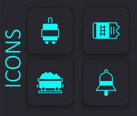 Set Train station bell, Suitcase, ticket and Coal train wagon icon. Black square Illustration