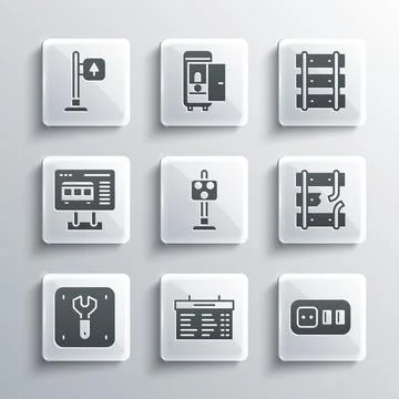 Set Train station board, Electrical outlet, Broken rails railway, traffic light Stock Illustration