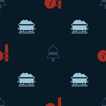 Set Train station clock, bell and Coal train wagon on seamless pattern. Vecto イラスト素材