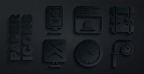 Set Train station clock, Broken rails railway, Railroad crossing, Ticket office Stock Illustration