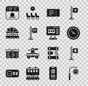 Set Train station clock, Cafe and restaurant location, ticket, Cargo train wagon Stock Illustration