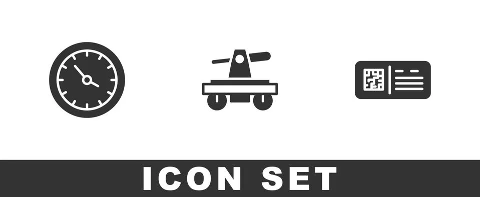 Set Train station clock, Draisine or handcar and QR code ticket train icon Stock Illustration