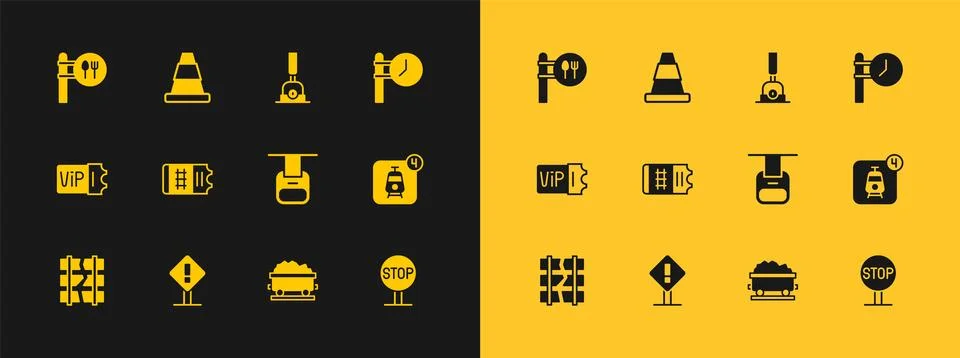 Set Train station clock, Exclamation mark square, Cable car, Coal train wag.. イラスト素材
