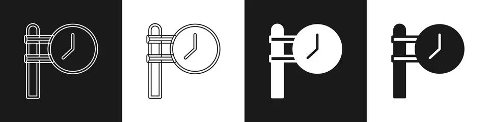 Set Train station clock icon isolated on black and white background. Vector Stock Illustration