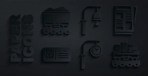 Set Train station clock, News, QR code ticket train, Cargo wagon, bell and Coal Illustrazione stock