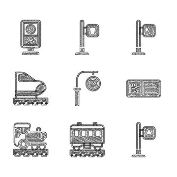 Set Train station clock, Passenger train cars, Road traffic signpost, QR code Illustrazione stock