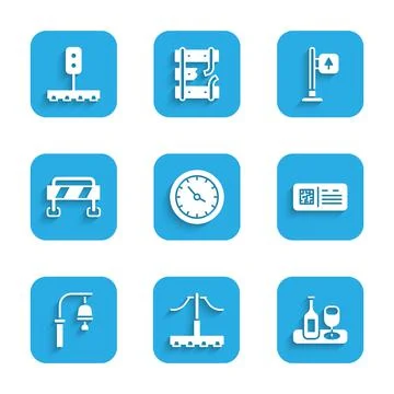 Set Train station clock, Railway, Wine bottle with glass, QR code ticket train Stock Illustration