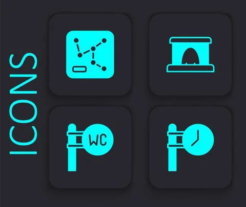 Set Train station clock, Railway map, tunnel and Toilet icon. Black square 스톡 일러스트