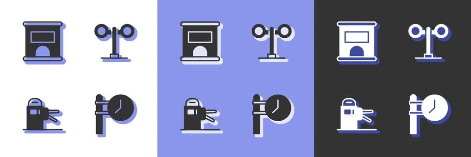 Set Train station clock, Ticket office to buy tickets, Turnstile and traffic Stock Illustration