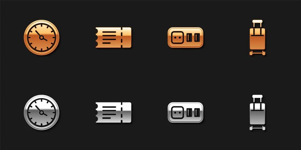 Set Train station clock, ticket, Electrical outlet and Suitcase icon. Vector Illustrazione stock