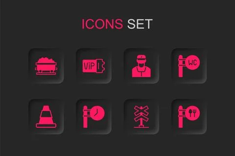 Set Train station clock, ticket, Coal train wagon, Railroad crossing, Toile.. Stock Illustration