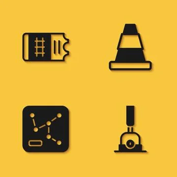 Set Train ticket, Arrow for switching the railway, Railway map and Traffic cone Stock Illustration
