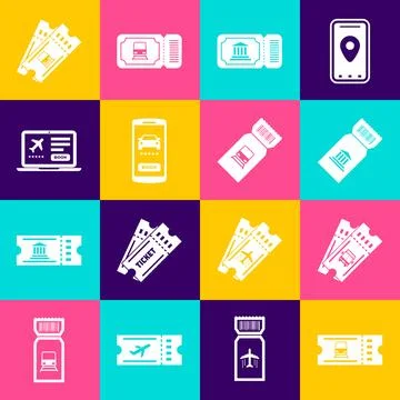 Set Train ticket, Bus, Museum, Online car sharing, Laptop with, and icon. Vector イラスト素材