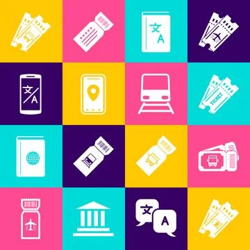 Set Train ticket, Bus, Ticket, Translator book, Infographic of city map, Online Stock Illustration
