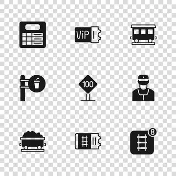 Set Train ticket, conductor, Online booking, Speed limit traffic sign 100 k.. Stock Illustration