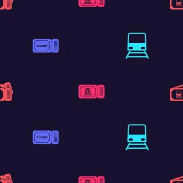 Set Train, Ticket, Museum ticket and on seamless pattern. Vector Stock Illustration