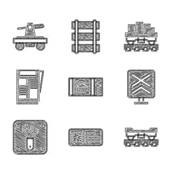 Set Train ticket, QR code train, Cargo wagon, Railroad crossing, Repair of Stock Illustration