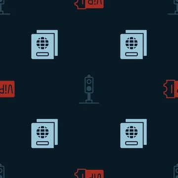 Set Train ticket, traffic light and Passport on seamless pattern. Vector Illustrazione stock