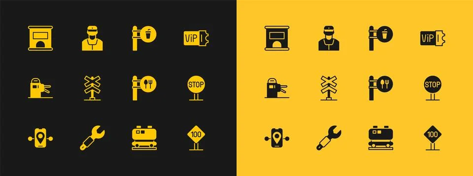 Set Train ticket, Wrench spanner, Cafe and restaurant location, Oil railway.. Stock Illustration
