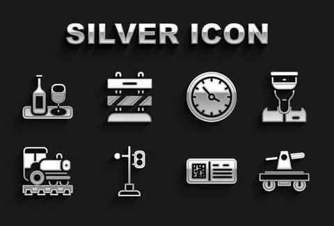 Set Train traffic light, conductor, Draisine handcar, QR code ticket train Stock Illustration