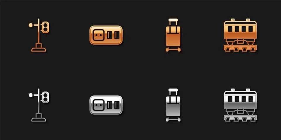Set Train traffic light, Electrical outlet, Suitcase and Passenger train cars Illustrazione stock