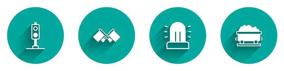 Set Train traffic light, Flag, Flasher siren and Coal train wagon icon with long Stock Illustration