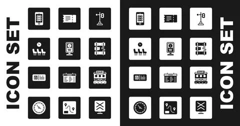 Set Train traffic light, Information stand, Waiting room, Buy train ticket Stock Illustration