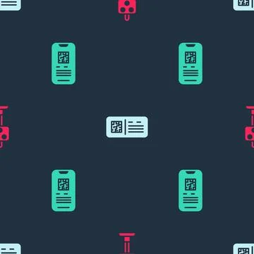 Set Train traffic light, QR code ticket train and E-ticket on seamless pattern Stock Illustration