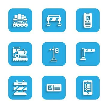Set Train traffic light, QR code ticket train, Buy online, Railway barrier, End Stock Illustration