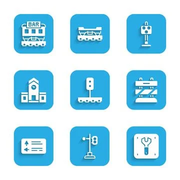 Set Train traffic light, Repair of railway, End tracks, Road signpost, Rail.. Stock Illustration
