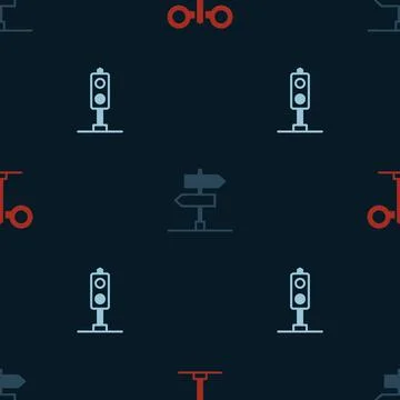 Set Train traffic light, Road sign and on seamless pattern. Vector Stock Illustration