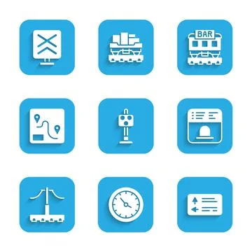 Set Train traffic light, station clock, Road signpost, Ticket office to buy Ilustración de archivo